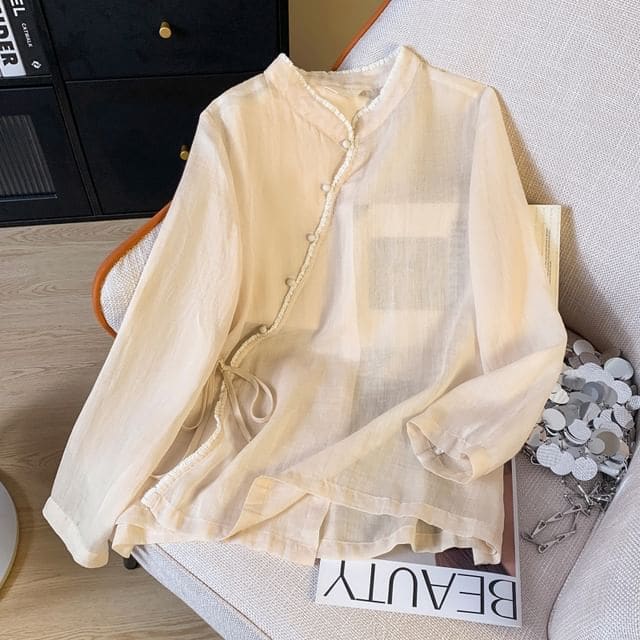 Long Sleeve Band Collar Plain Hanfu Blouse - Beige / M