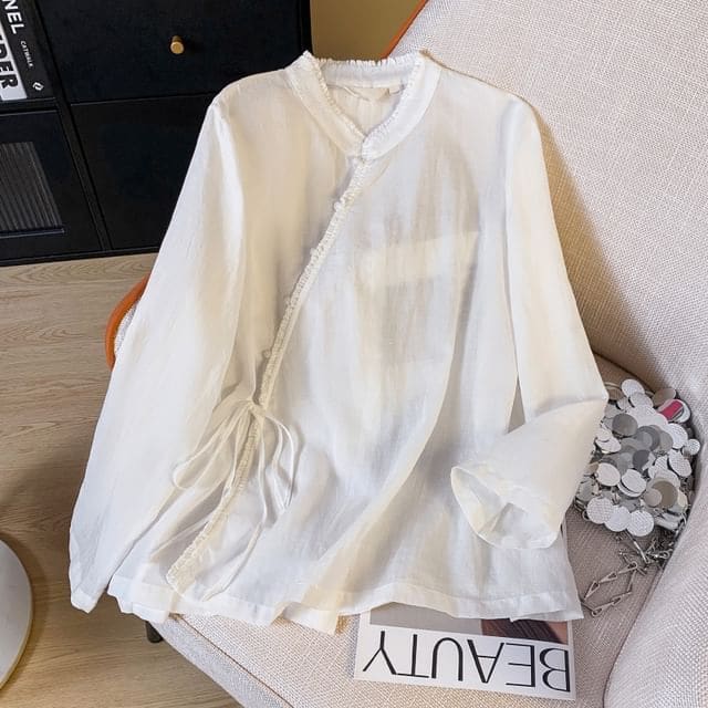 Long Sleeve Band Collar Plain Hanfu Blouse - White / M