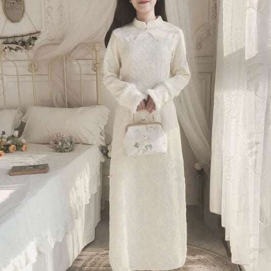 Long-Sleeve Band Collar Plain Lace Midi Qipao