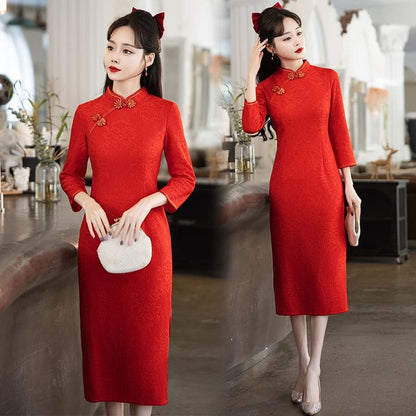 Long-Sleeve Band Collar Plain Midi Qipao