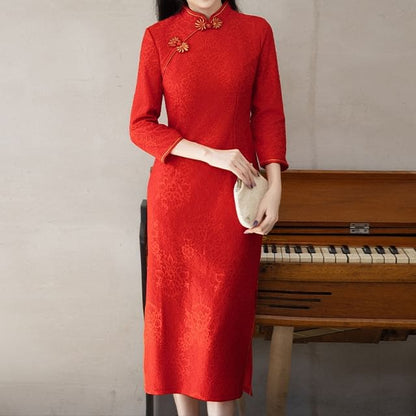 Long-Sleeve Band Collar Plain Midi Qipao