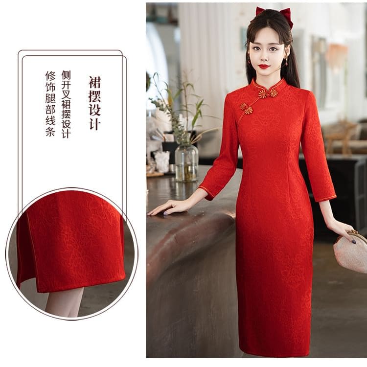 Long-Sleeve Band Collar Plain Midi Qipao