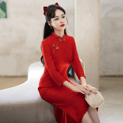 Long-Sleeve Band Collar Plain Midi Qipao