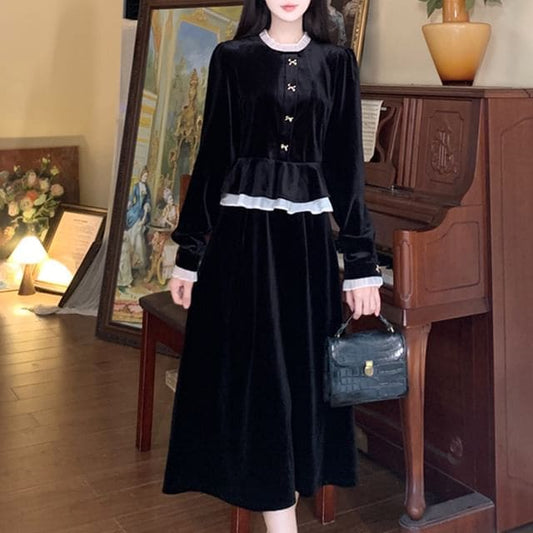 Long Sleeve Band Collar Ruffle Hem Velvet Midi A-Line Dress