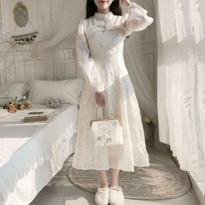 Long-Sleeve Band Collared Embroidered Midi A-Line Dress