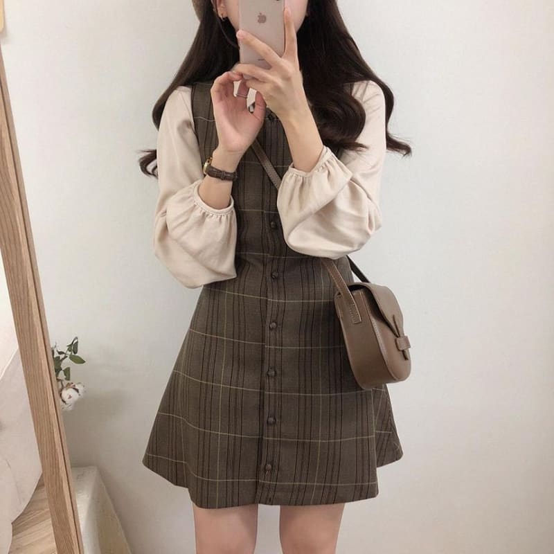 Long-Sleeve Blouse / Plaid Mini Buttoned Overall Dress