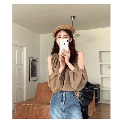 Long-Sleeve Cold Shoulder Plain Gathered Top