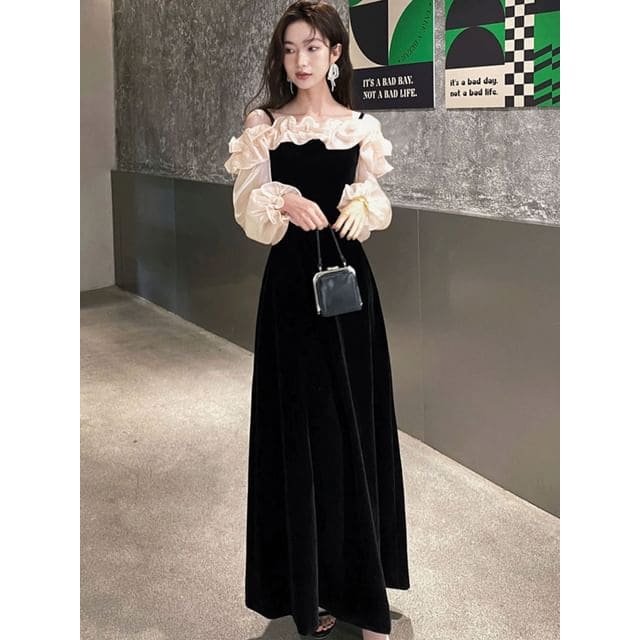 Long-Sleeve Cold Shoulder Two Tone A-Line Evening Gown