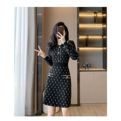 Long-Sleeve Collar Patterned Knit Mini Sheath Dress