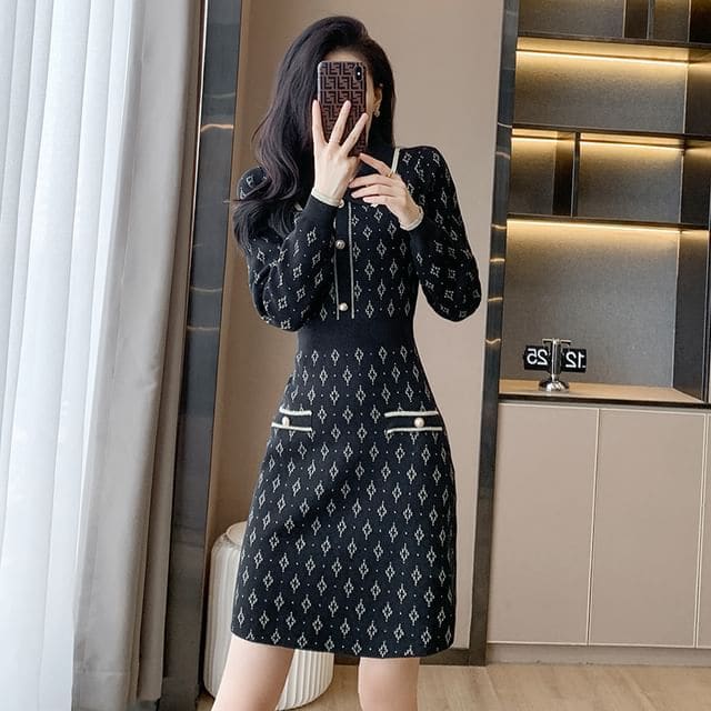 Long-Sleeve Collar Patterned Knit Mini Sheath Dress - Black