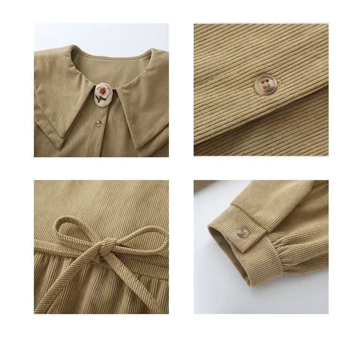 Long-Sleeve Collar Plain Corduroy Midi A-Line Dress