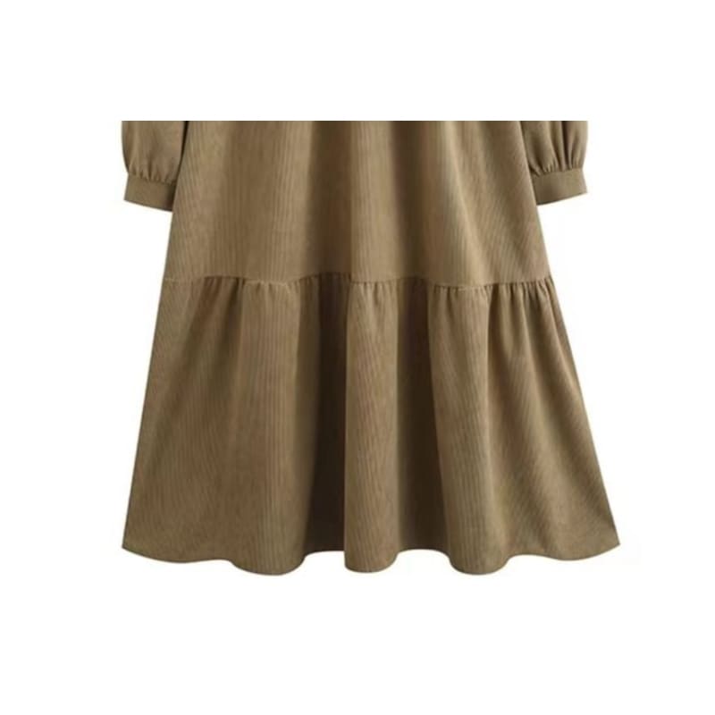 Long-Sleeve Collar Plain Corduroy Midi A-Line Dress