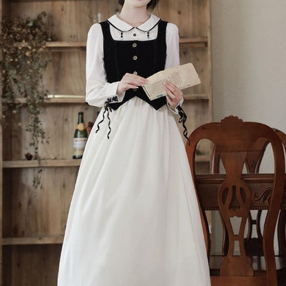 Long-Sleeve Collared Contrast Trim Midi A-Line Dress