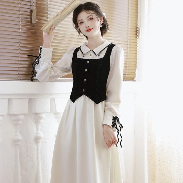 Long-Sleeve Collared Contrast Trim Midi A-Line Dress