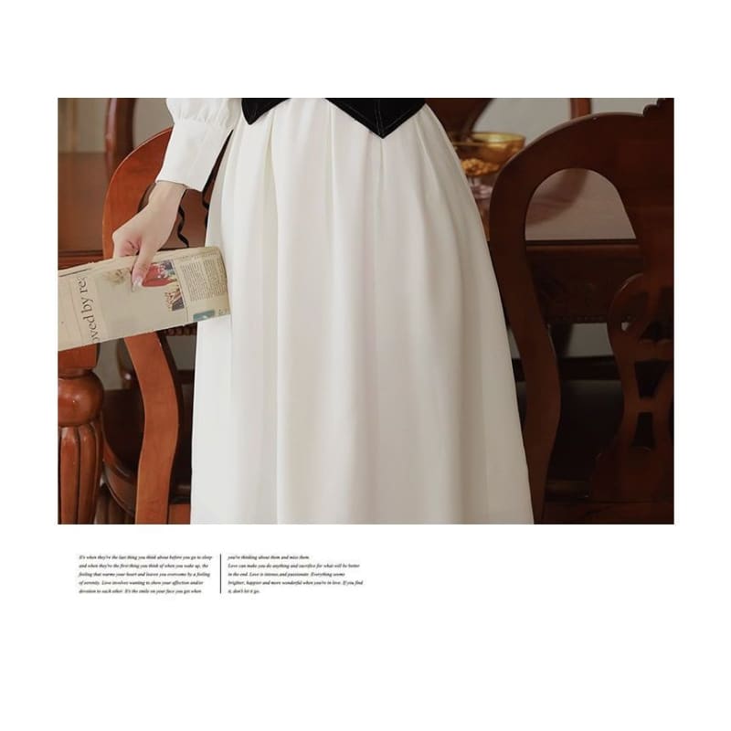 Long-Sleeve Collared Contrast Trim Midi A-Line Dress