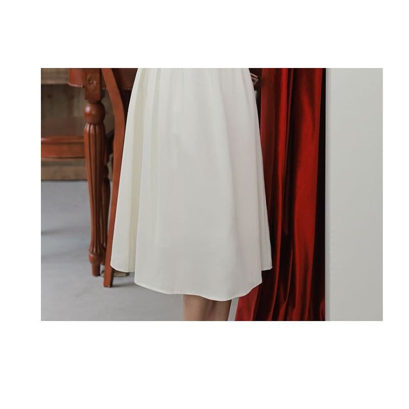 Long-Sleeve Collared Contrast Trim Midi A-Line Dress