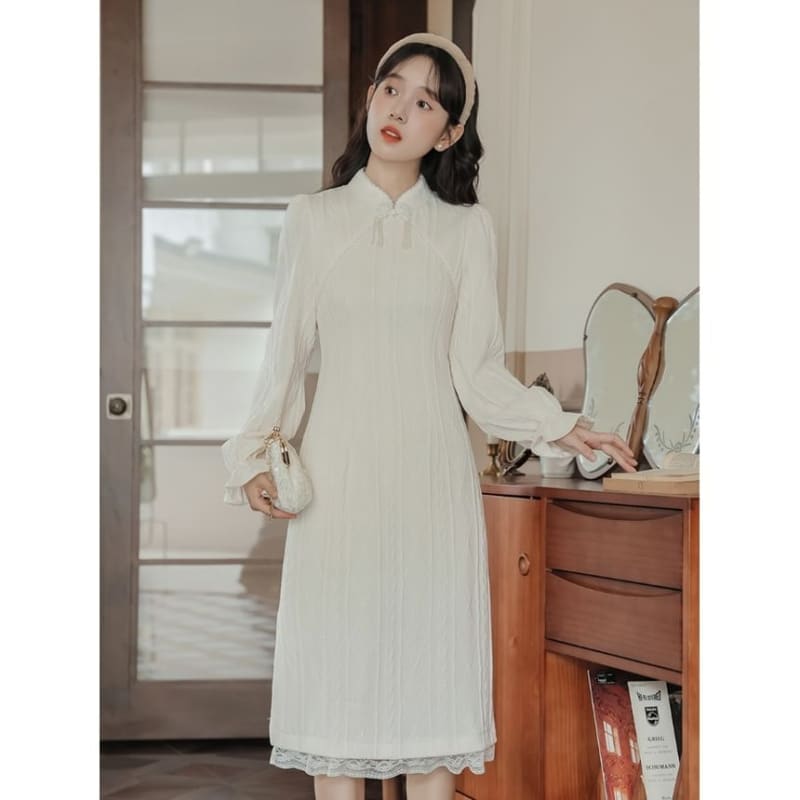 Long Sleeve Collared Embroidered Lace Trim Sheath Midi Dress