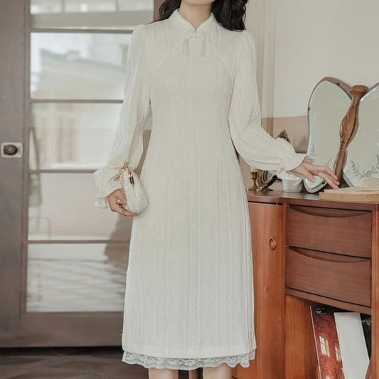 Long Sleeve Collared Embroidered Lace Trim Sheath Midi Dress