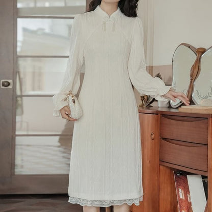 Long Sleeve Collared Embroidered Lace Trim Sheath Midi