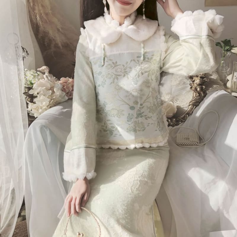 Long-Sleeve Collared Floral Midi Qipao / Embroidered Vest