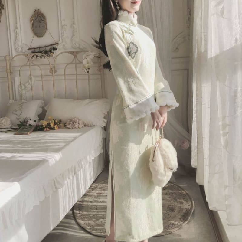 Long-Sleeve Collared Floral Midi Qipao / Embroidered Vest