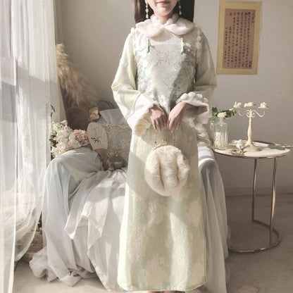 Long-Sleeve Collared Floral Midi Qipao / Embroidered Vest