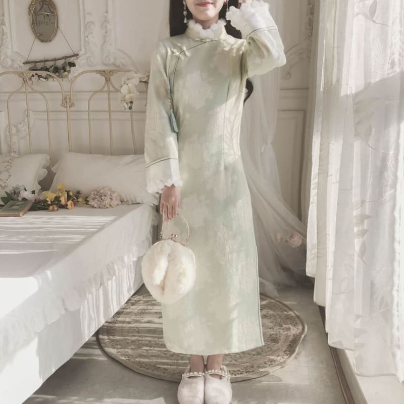 Long-Sleeve Collared Floral Midi Qipao / Embroidered Vest