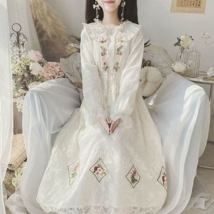 Long-Sleeve Collared Flower Embroidered Lace Trim Midi