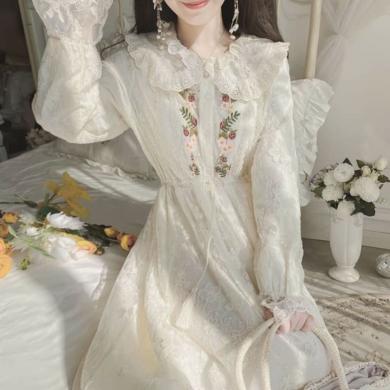 Long-Sleeve Collared Flower Embroidered Lace Trim Midi