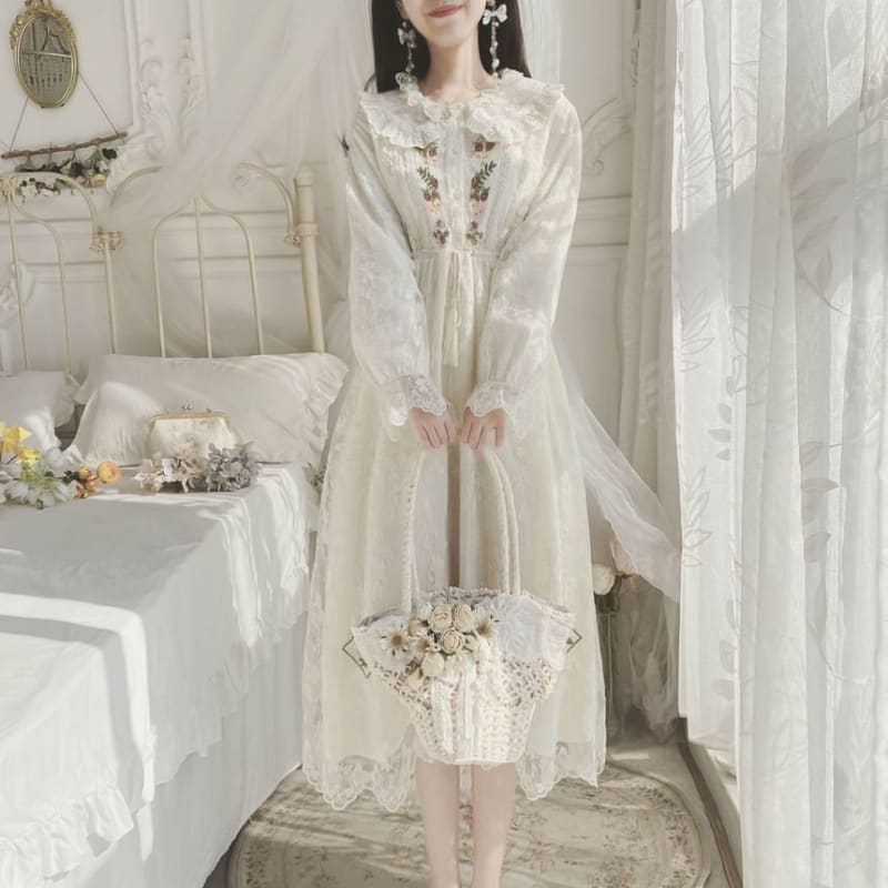 Long-Sleeve Collared Flower Embroidered Lace Trim Midi