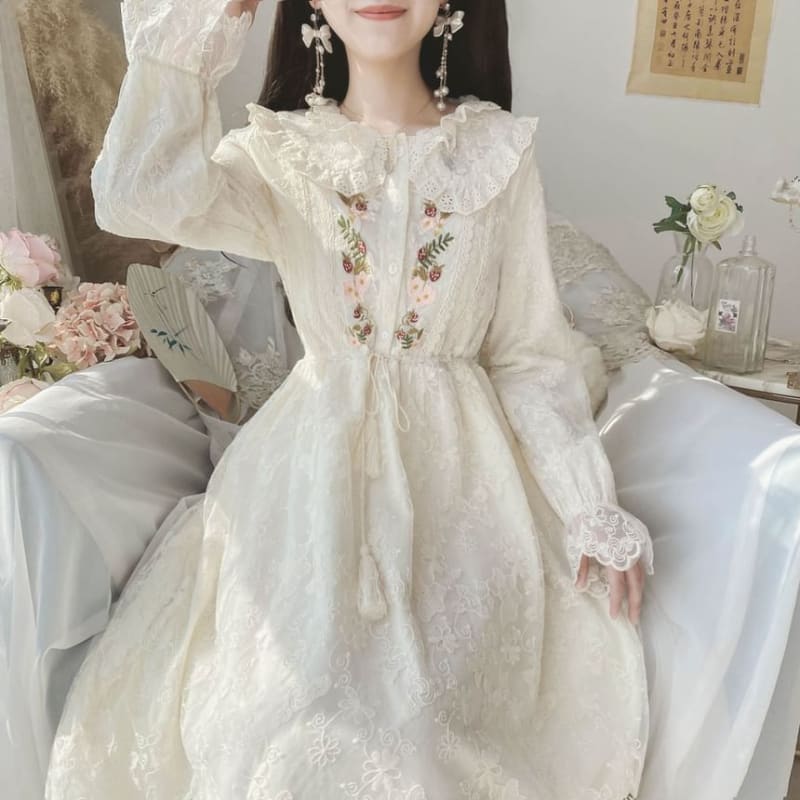 Long-Sleeve Collared Flower Embroidered Lace Trim Midi