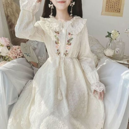 Long-Sleeve Collared Flower Embroidered Lace Trim Midi