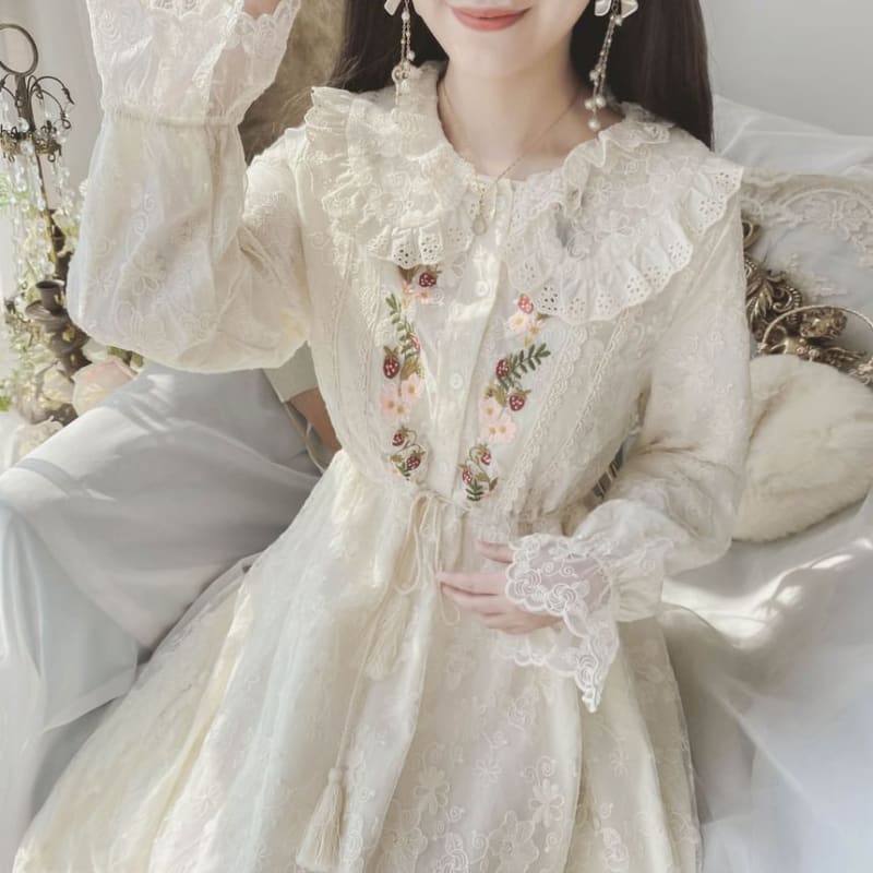 Long-Sleeve Collared Flower Embroidered Lace Trim Midi