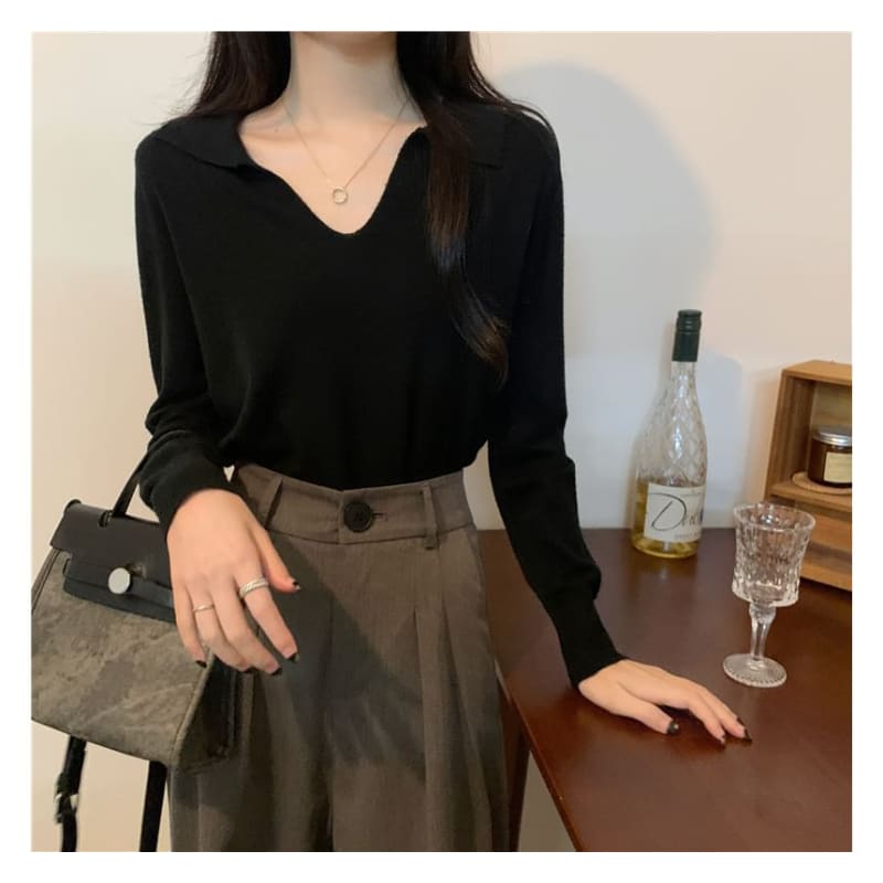 Long-Sleeve Collared Plain Knit Top