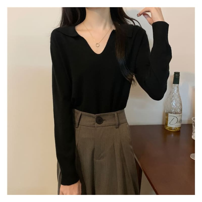 Long-Sleeve Collared Plain Knit Top