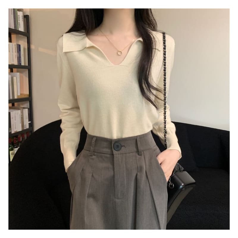 Long-Sleeve Collared Plain Knit Top