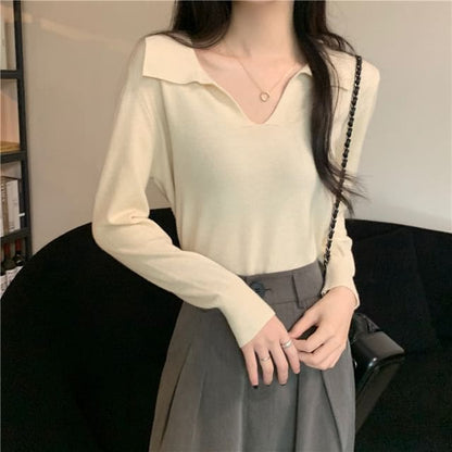 Long-Sleeve Collared Plain Knit Top - Almond / One Size