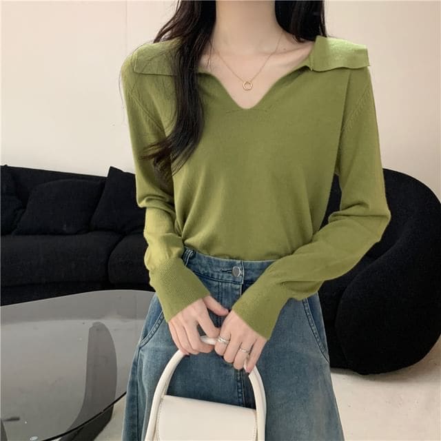 Long-Sleeve Collared Plain Knit Top - Green / One Size