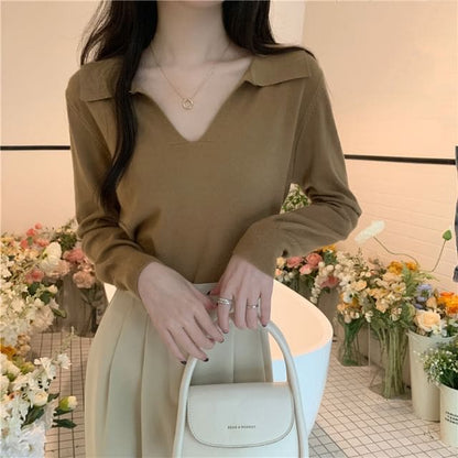 Long-Sleeve Collared Plain Knit Top - Khaki / One Size