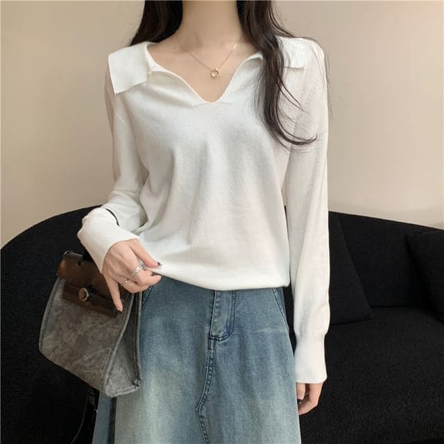 Long-Sleeve Collared Plain Knit Top - White / One Size