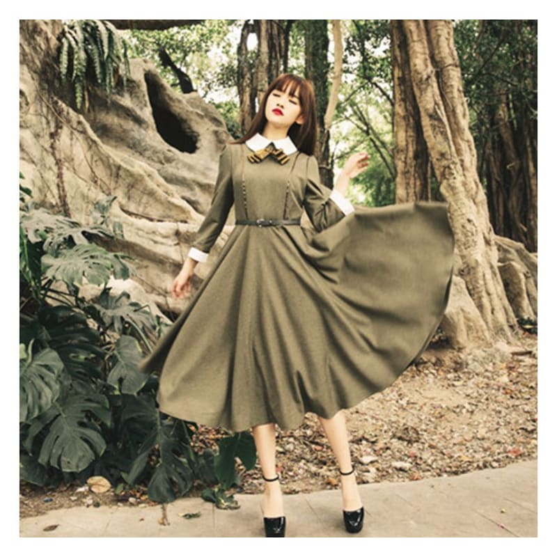 Long-Sleeve Contrast Collar Midi A-Line Dress