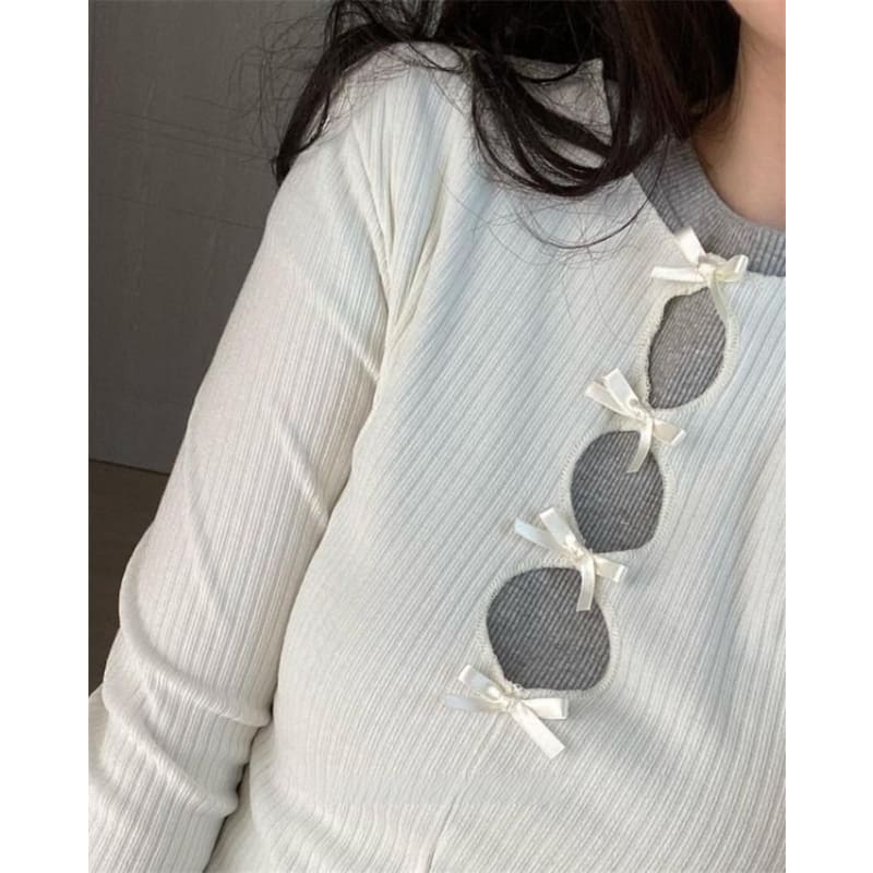 Long-Sleeve Crew Neck Bow Cutout Knit Top