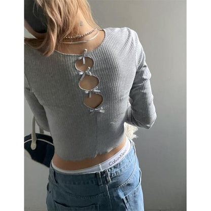 Long-Sleeve Crew Neck Bow Cutout Knit Top - Gray / S