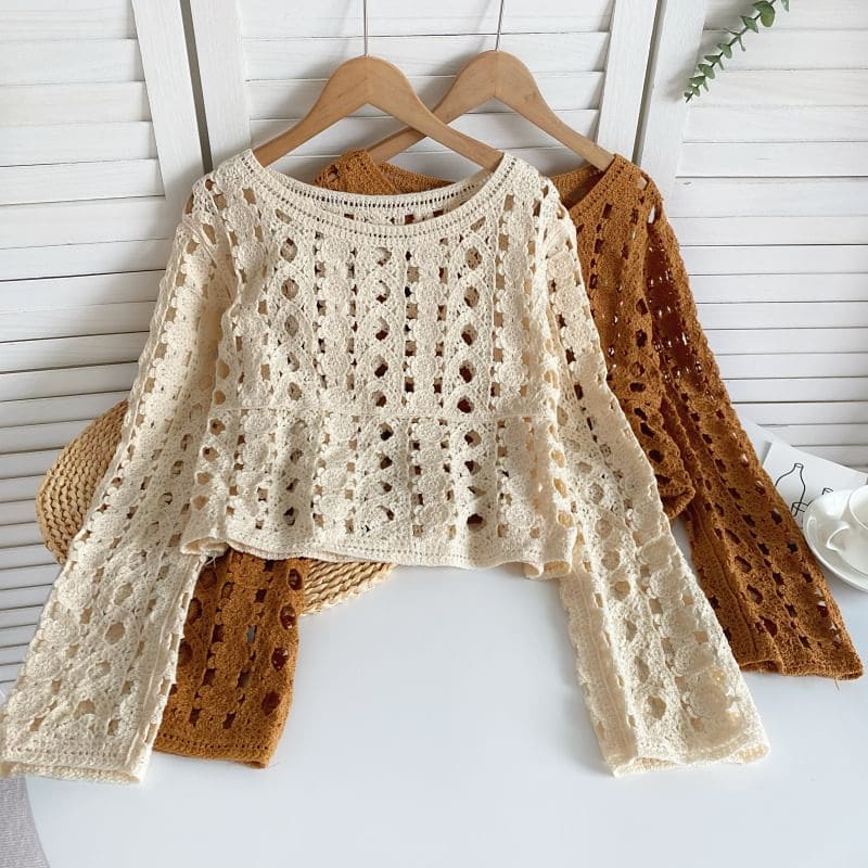 Long-Sleeve Crew Neck Crochet Lace Top