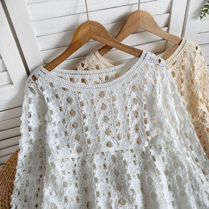 Long-Sleeve Crew Neck Crochet Lace Top