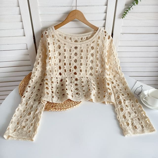 Long-Sleeve Crew Neck Crochet Lace Top - Beige / One Size