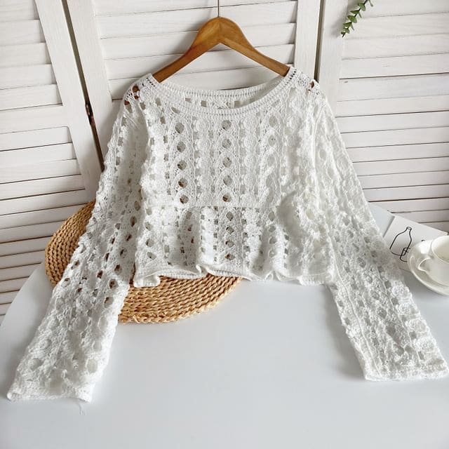 Long-Sleeve Crew Neck Crochet Lace Top - White / One Size