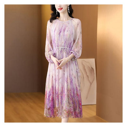 Long-Sleeve Crew Neck Floral Print Midi A-Line Dress