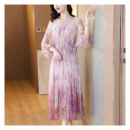 Long-Sleeve Crew Neck Floral Print Midi A-Line Dress