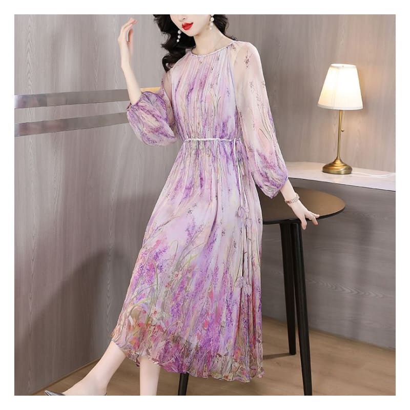 Long-Sleeve Crew Neck Floral Print Midi A-Line Dress